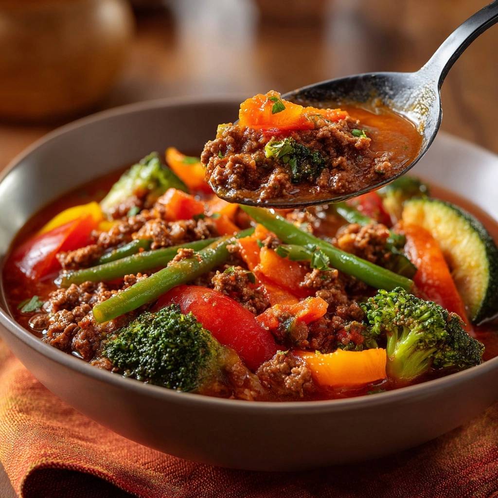 Knackiges Hackfleisch Gemuese Wok Lffel Nahaufnahme 1 Knackiges Hackfleisch-Gemüse-Wok in Nahaufnahme, serviert in einer Schüssel, mit einem Löffel voll Hackfleisch und Gemüse.