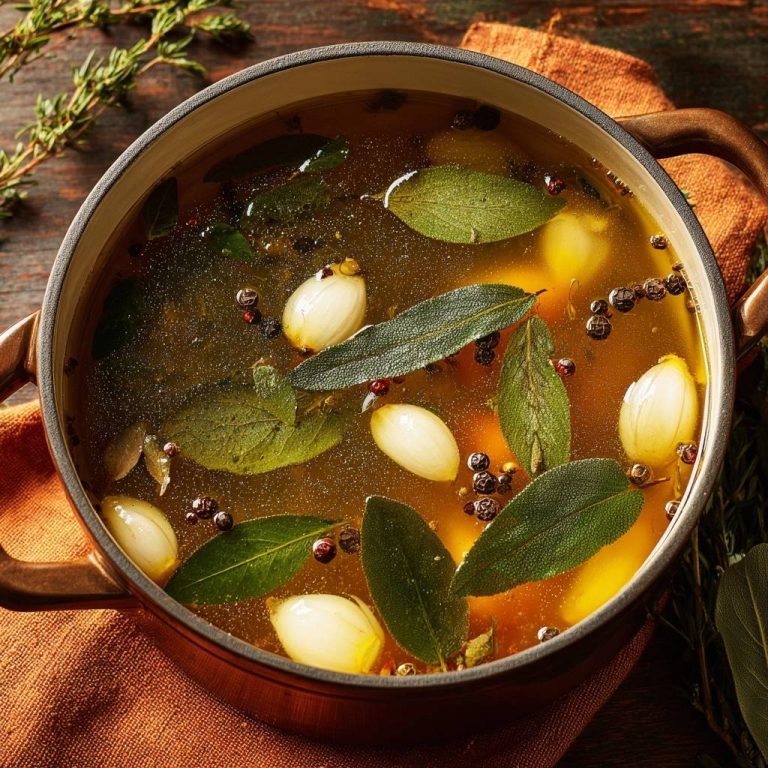 Knoblauch-Kräuter-Fond, draufsicht. Der aromatische Fond mit Zwiebeln, Kräutern und Gewürzen in einem Kochtopf von oben betrachtet.