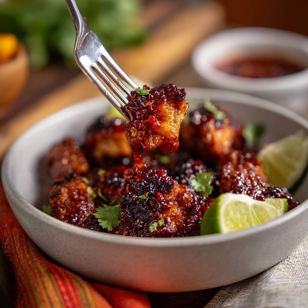 Knusprige Chilli Limetten Huhnerballchen Detailaufnahme 1 Knusprige Chilli-Limetten-Hähnchenbällchen, serviert in einer Schüssel, mit einem Stück auf einer Gabel, das mit Sauce beträufelt wird.