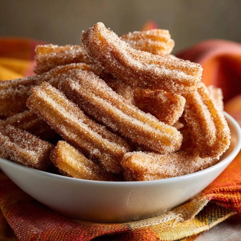 Knusprige Churros in einer weißen Schüssel serviert, eine Nahaufnahme zeigt die zuckerbeschichtete Textur und goldbraune Oberfläche.