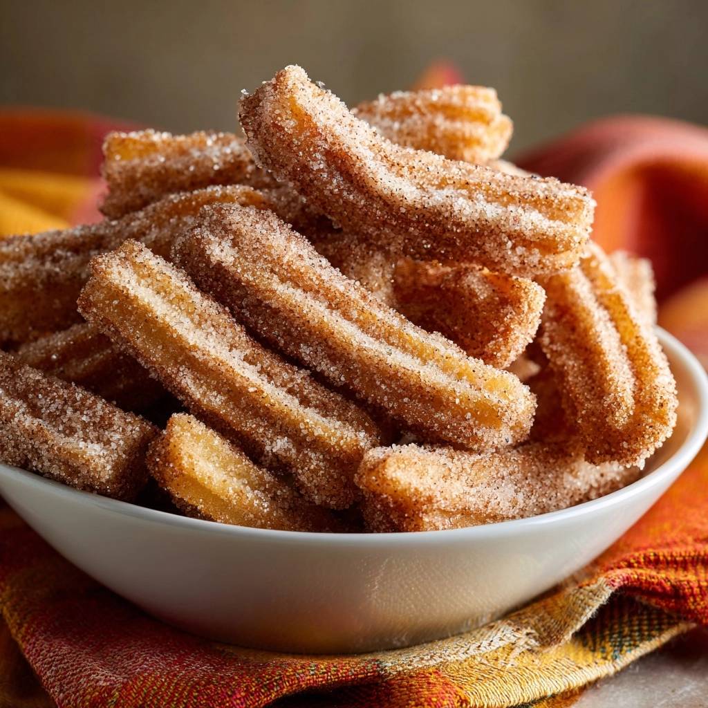 Knusprige Churros in einer weißen Schüssel serviert, eine Nahaufnahme zeigt die zuckerbeschichtete Textur und goldbraune Oberfläche.