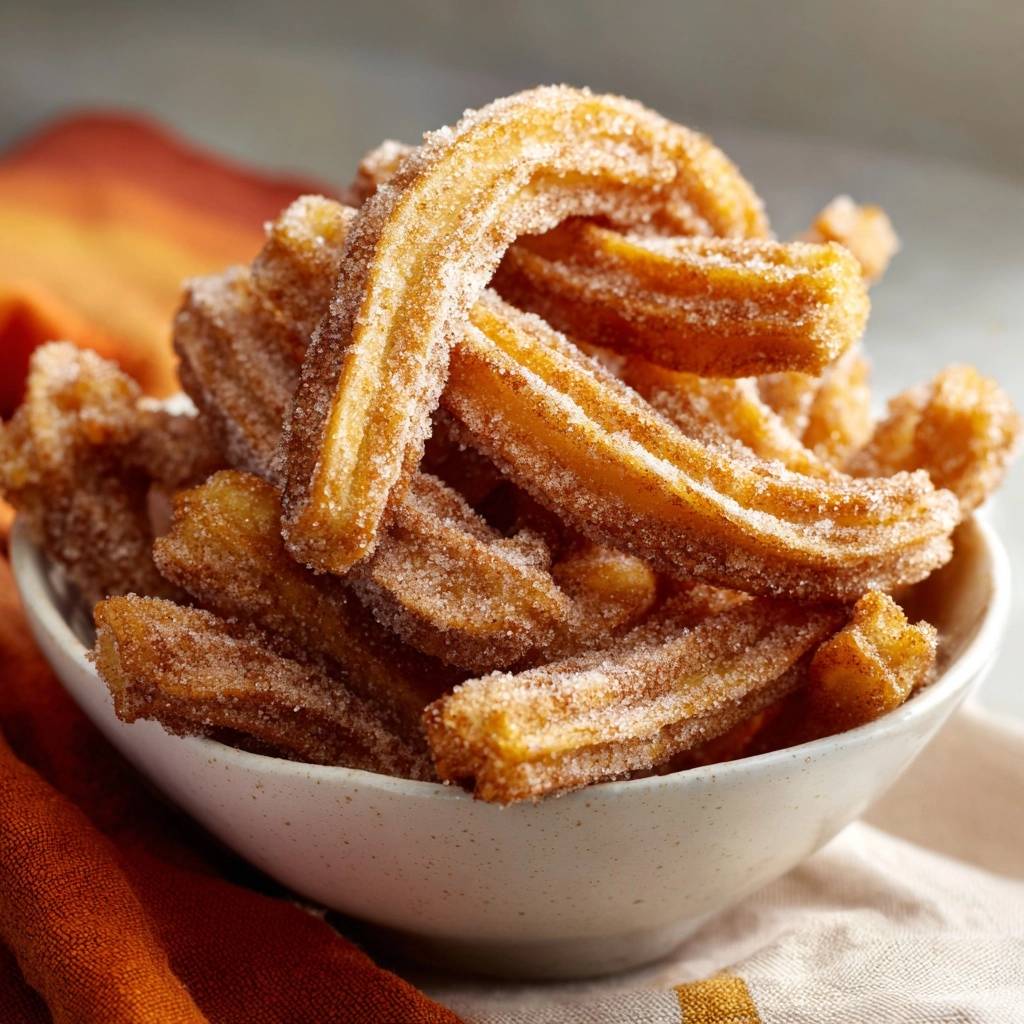 Knusprige Churros Nahaufnahme Zucker Zimt 1 Knusprige Churros in einer Nahaufnahme, bedeckt mit Zucker und Zimt, serviert in einer cremefarbenen Schüssel auf einem Tisch.