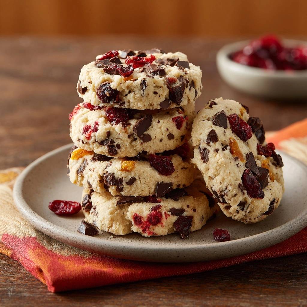 Knusprige Cranberry Schoko Cookies Gestapelt 1 Knusprige Cranberry-Schoko-Cookies in einem Stapel serviert, mit getrockneten Cranberries und Schokoladenstücken. Auf einem grauen Teller arrangiert, perfekt für den Genuss.