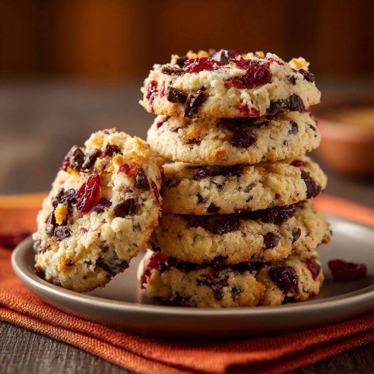 Knusprige Cranberry-Schoko-Cookies in einem appetitlichen Stapel präsentiert, mit Trockenfrüchten und Schokoladenstückchen.