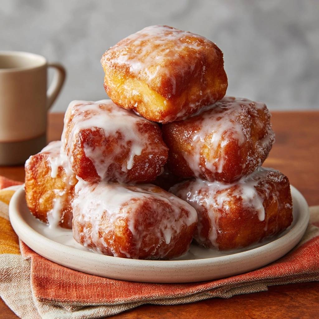 Knusprige Glasierte Donut Quadrate Serviert 1 Knusprige glasierte Donut-Quadrate serviert auf einem Teller, übereinander gestapelt und reichlich mit Glasur überzogen. Ein köstlicher Anblick!