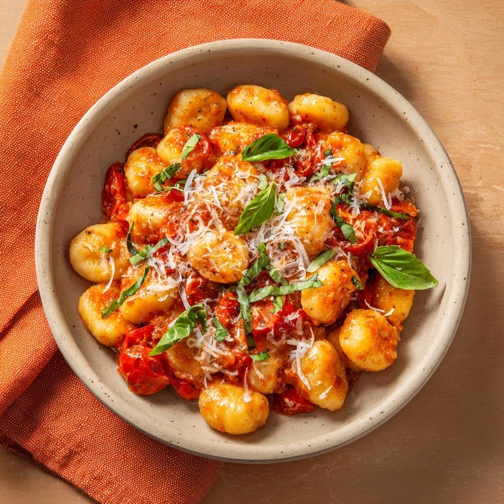 Knusprige Gnocchi Mit Gebratenen Tomaten Draufsicht 1 Knusprige Gnocchi mit gebratenen Tomaten, serviert in einer Schüssel, garniert mit frischem Basilikum und geriebenem Käse.