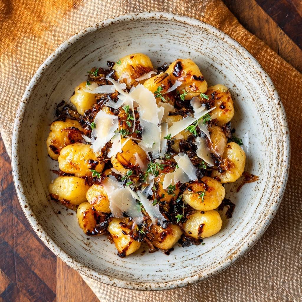 Knusprige Gnocchi Mit Karamellisierten Zwiebeln Draufsicht 1 Knusprige Gnocchi mit karamellisierten Zwiebeln, serviert in einer rustikalen Schüssel, garniert mit Parmesan und Thymian, von oben betrachtet.