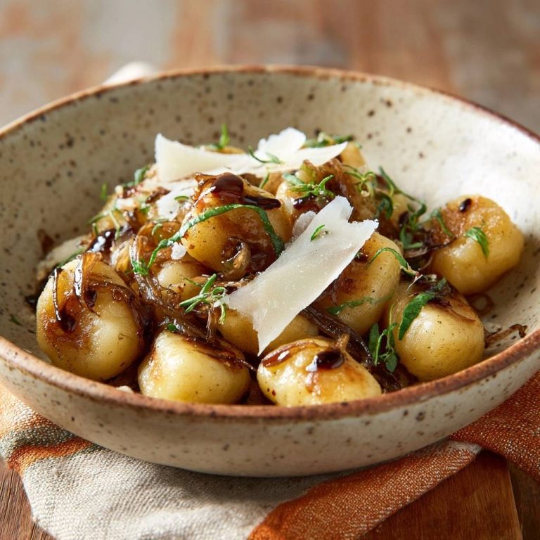 Knusprige Gnocchi mit karamellisierten Zwiebeln serviert in einer rustikalen Schüssel, garniert mit Parmesan und frischen Kräutern.