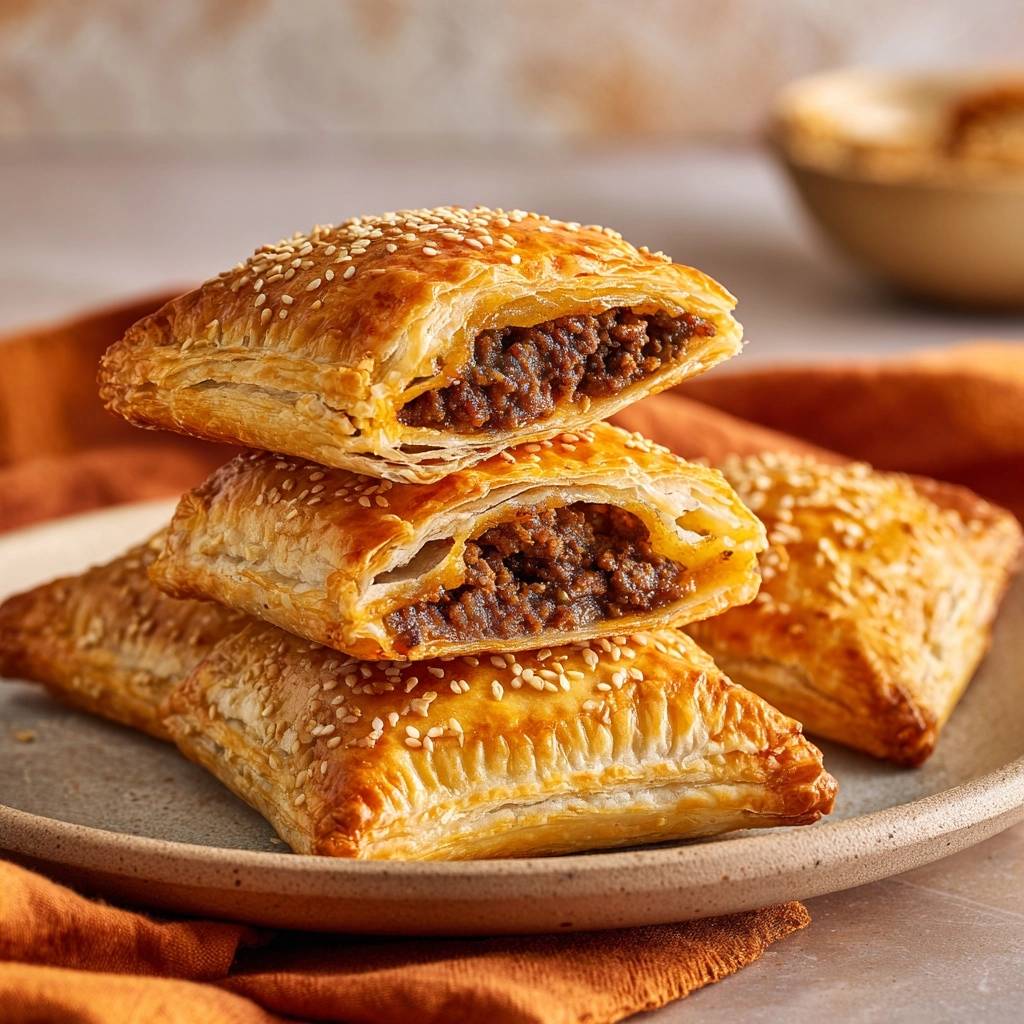 Knusprige Hackfleisch Blaetterteig Pasteten Querschnitt 1 Knusprige Hackfleisch-Blätterteig-Pasteten im Anschnitt, die die fleischige Füllung und den knusprigen Teig präsentieren.