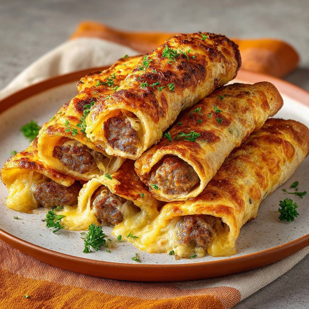 Knusprige Hackfleisch Taquitos Nahaufnahme 1 Knusprige Hackfleisch-Taquitos in Nahaufnahme, mit geschmolzenem Käse, der aus den knusprigen Tortillas herausquillt.