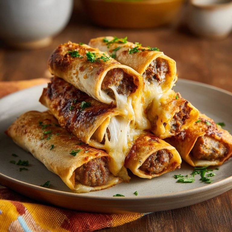 Knusprige Hackfleisch-Taquitos in Nahaufnahme mit geschmolzenem Käse, der aus der Mitte quillt und die knusprige Textur zeigt.