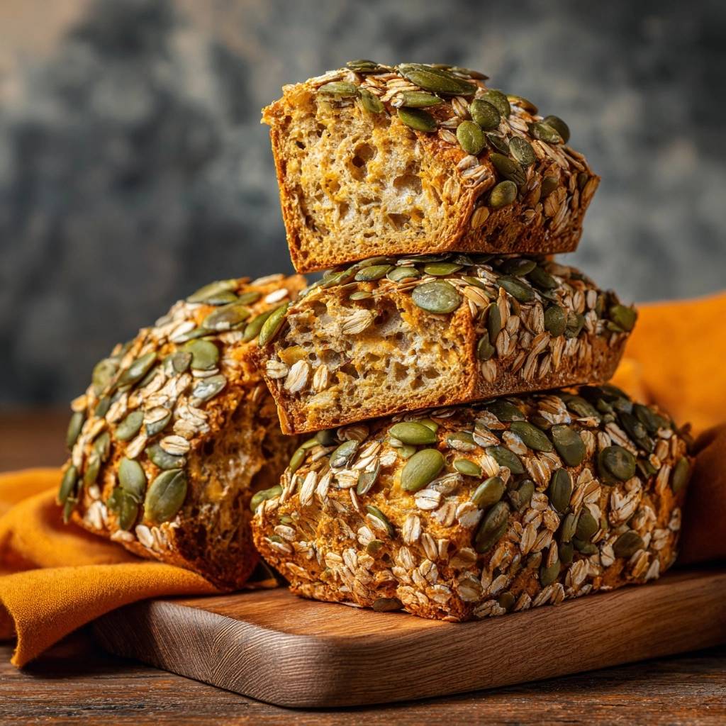 Knusprige Haferbroetchen Mit Kuerbiskernen Querschnitt 1 Knusprige Haferbrötchen mit Kürbiskernen im Querschnitt, die die lockere Krume und die knusprige Kruste mit Haferflocken und Kürbiskernen zeigen.