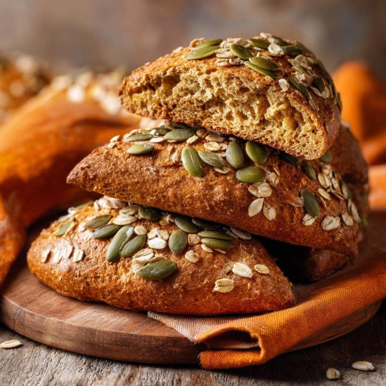 Knusprige Haferbrötchen mit Kürbiskernen im Anschnitt, die die lockere Krume und die knusprige Kruste dieses köstlichen Backwerks zeigen.