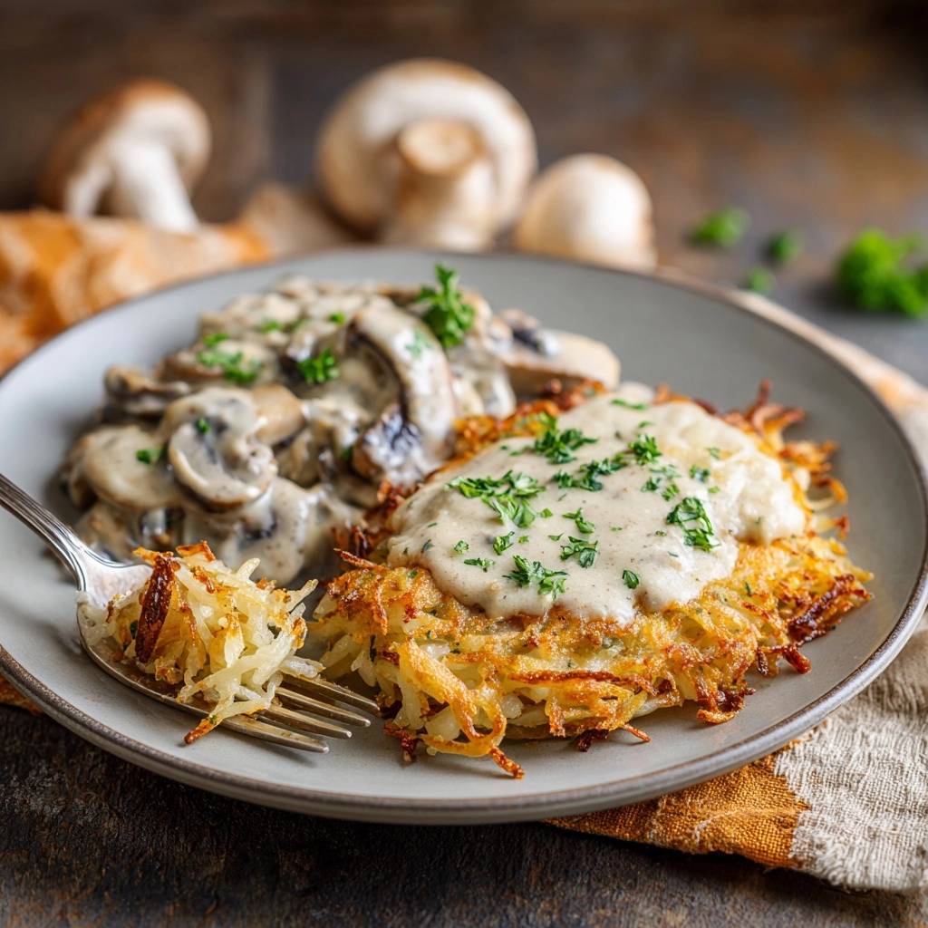 Knusprige Kartoffel Pizza Mit Pilzen Serviert 1 Knusprige Kartoffel-Pizza mit Pilzen und Käse auf einem Teller serviert, mit cremigen Champignons und frischer Petersilie garniert.