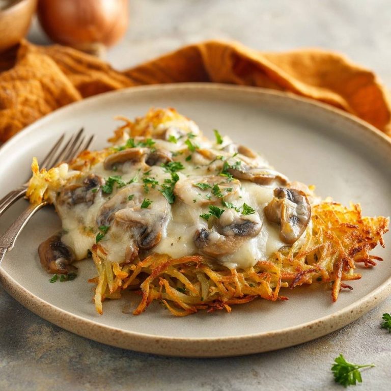 Knusprige Kartoffel-Pizza mit Pilzen und Käse serviert, angerichtet auf einem Teller, mit geschmolzenem Käse und frischer Petersilie garniert.