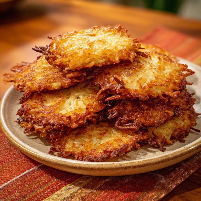 Knusprige Kartoffelpuffer, serviert auf einem hellen Teller, zeigen eine Nahaufnahme ihrer knusprigen Textur und goldbraunen Farbe.