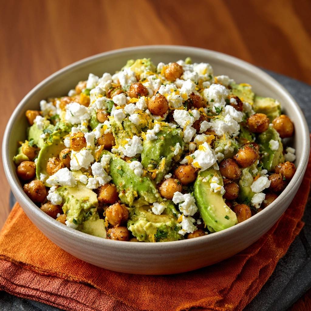 Knusprige Kichererbsen Avocado Bowl Draufsicht 1 Knusprige Kichererbsen-Avocado-Bowl in einer Schüssel von oben gesehen, mit Avocado, Kichererbsen und Feta-Käse garniert.