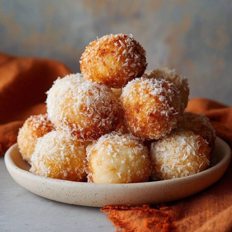Knusprige Kokos-Garnelenbällchen in Nahaufnahme auf einem Teller serviert, mit Kokosraspeln umhüllt und appetitlich angerichtet.
