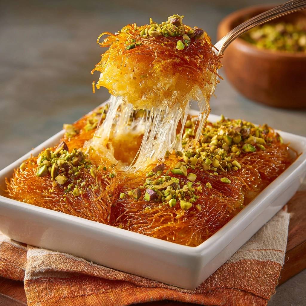Knusprige Kunafa Mit Kaese Pistazien Angerichtet 1 Knusprige Kunafa mit schmelzendem Käse und Pistazien, serviert in einer weißen Auflaufform. Ein Stück wird auf einer Gabel gehalten, der Käse zieht sich.