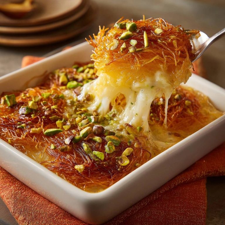 Knusprige Kunafa mit schmelzendem Käse und Pistazien, die auf einem Löffel angehoben wird, um den dehnbaren Käse zu zeigen.