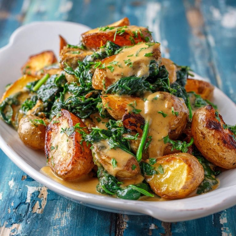 Knusprige Ofenkartoffeln mit cremigem Blattspinat, serviert auf einem weißen Teller, sind ein köstliches Gericht. Die goldbraunen Kartoffeln sind mit cremiger Sauce und Spinat bedeckt.