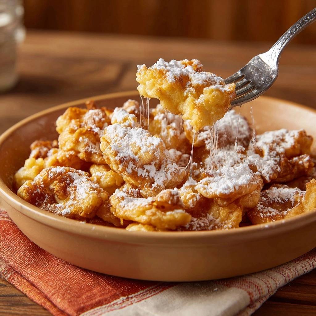 Knusprige Puderzucker Beignets Auf Gabel Gehalten 1 Knusprige Puderzucker-Beignets, die von einer Gabel gehalten werden, zeigen die zarten, mit Puderzucker bestäubten Gebäckstücke. Der Blickwinkel konzentriert sich auf die Textur und das Aussehen.