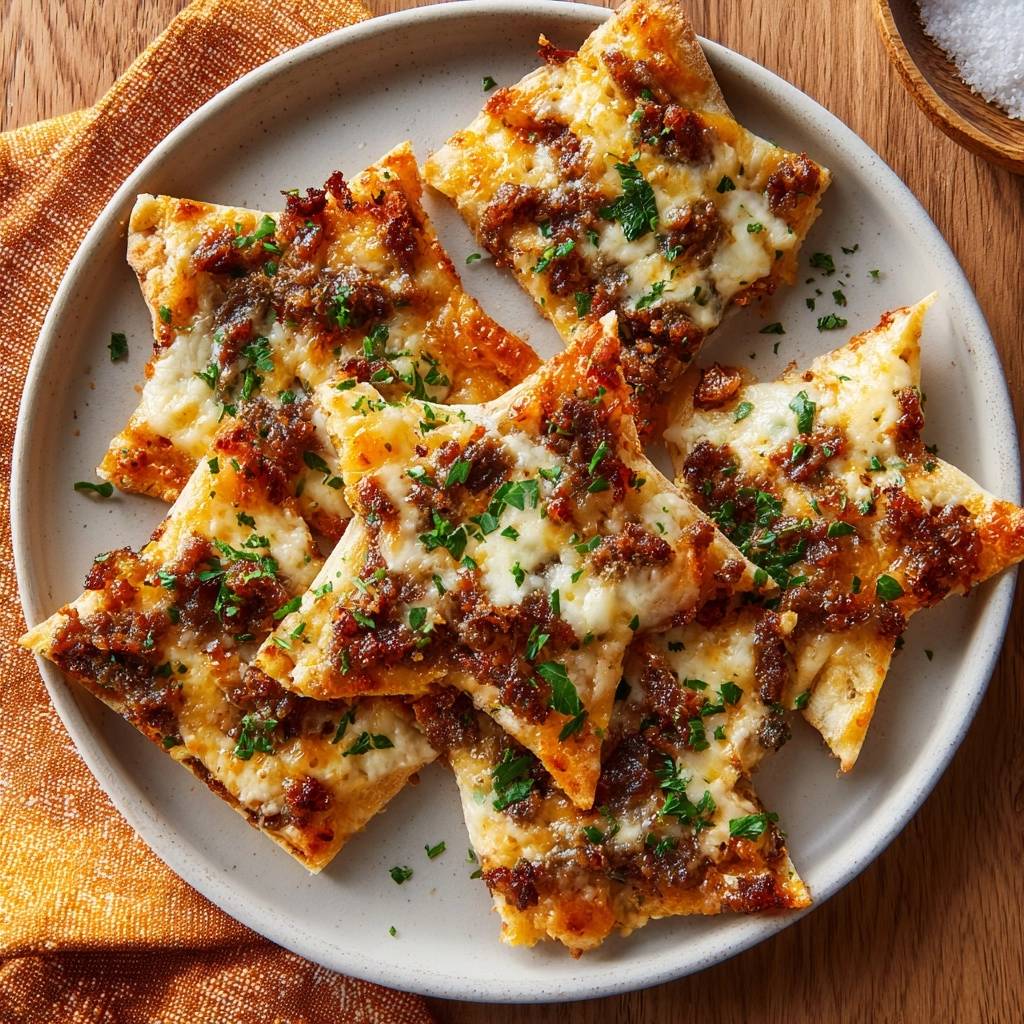 Knusprige Rinder Quesadillas Draufsicht Serviert 1 Knusprige Rinder-Quesadillas serviert auf einem Teller, garniert mit frischer Petersilie, ein köstlicher Snack für jeden Anlass.