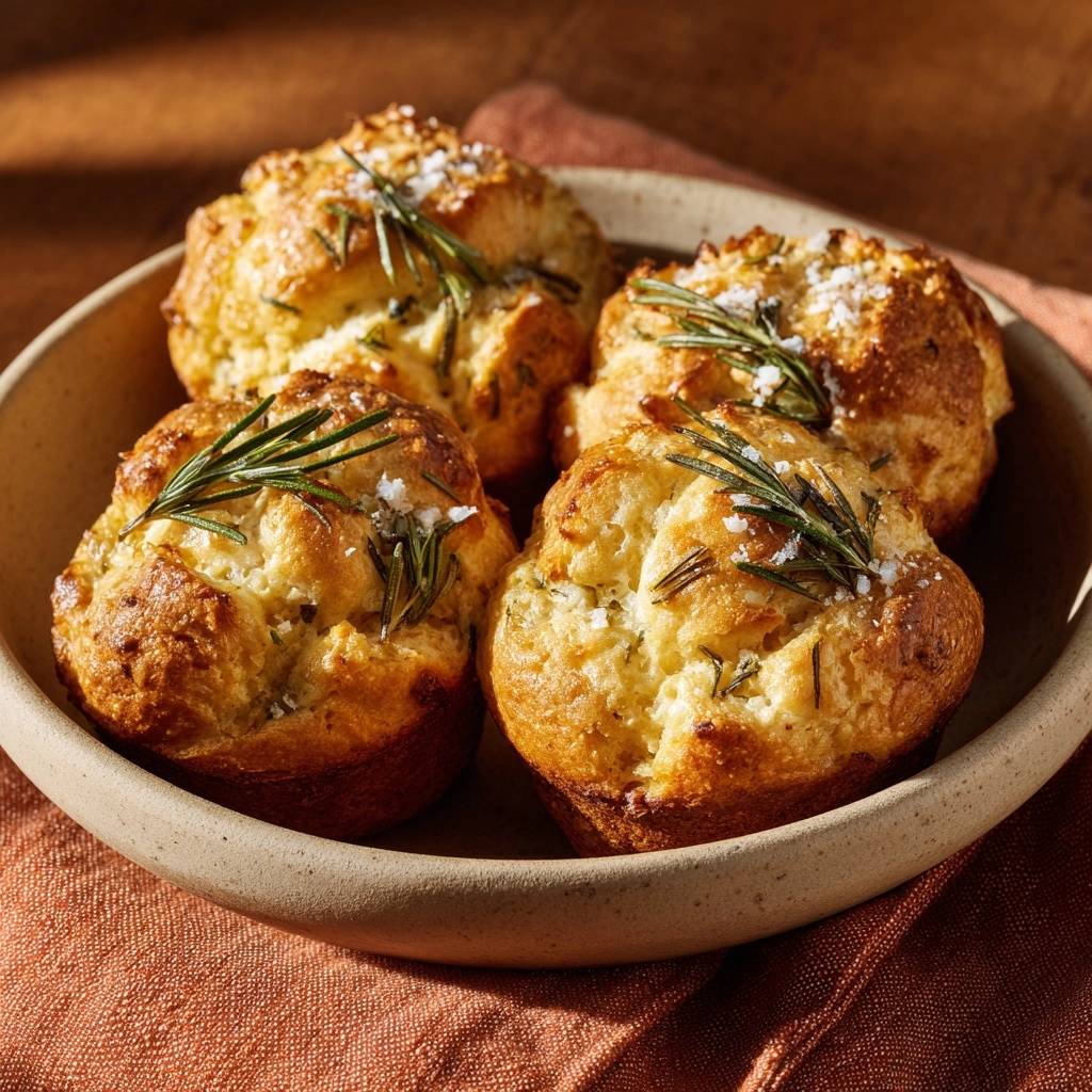 Knusprige Rosmarin Kase Muffins Nahaufnahme 1 Knusprige Rosmarin-Käse-Muffins in Nahaufnahme, garniert mit Rosmarinzweigen und grobem Meersalz, serviert in einer rustikalen Schale.
