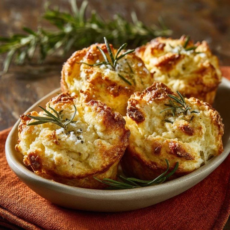 Knusprige Rosmarin-Käse-Muffins in Nahaufnahme präsentiert, mit Rosmarinzweigen garniert und auf einem rustikalen Teller serviert.