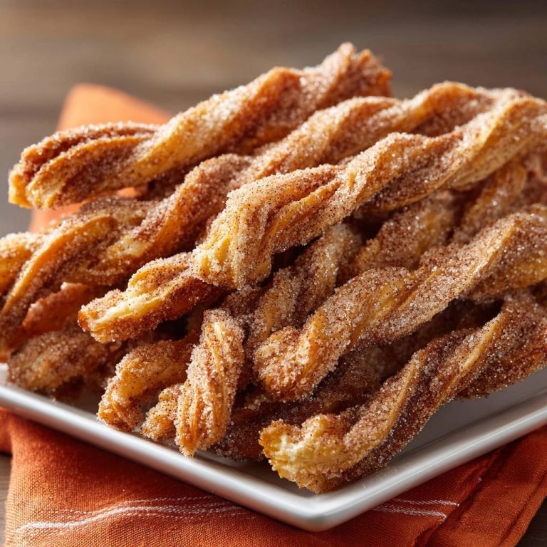 Knusprige Zimt-Churros sind auf einem weißen Teller gestapelt, mit Zimt und Zucker bestreut und bereit zum Genießen.