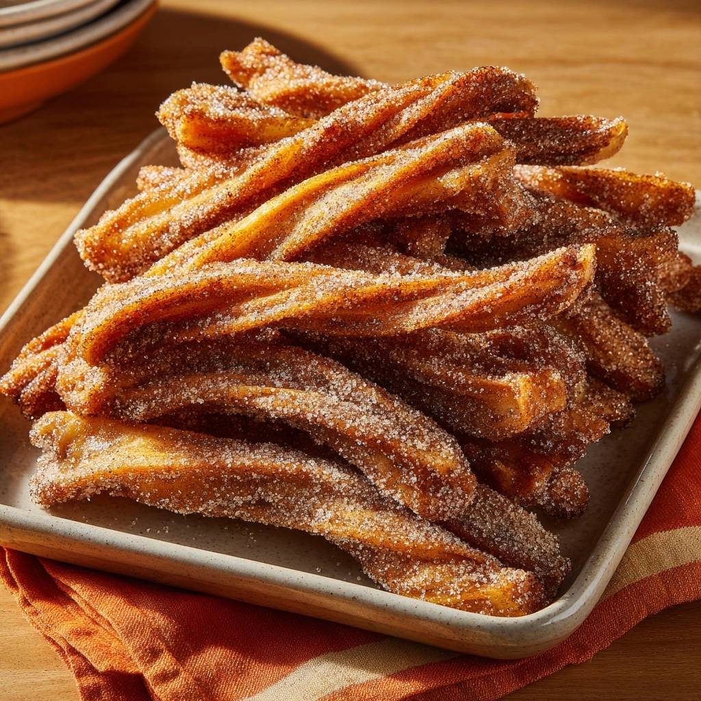 Knusprige Zimt Churros Draufsicht Serviert 1 Knusprige Zimt-Churros, serviert auf einem rechteckigen Teller, sind mit Zimtzucker bestreut und verlockend angerichtet.