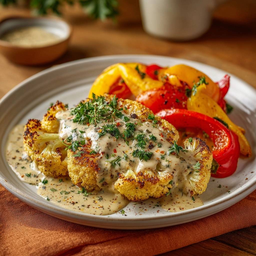 Knuspriger Blumenkohl Mit Paprika Serviert 1 Knuspriger Blumenkohl mit Paprika serviert auf einem Teller, bedeckt mit cremiger Kräutersoße und frischen Kräutern garniert.