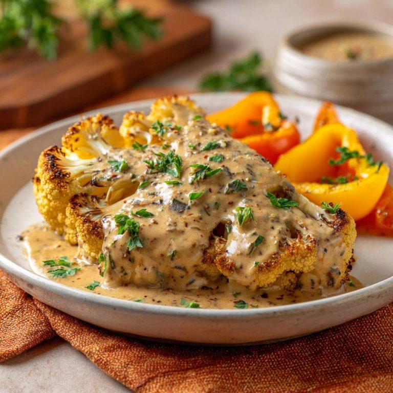 Knuspriger Blumenkohl mit Paprika serviert auf einem Teller, bedeckt mit cremiger Kräutersoße und dekoriert mit frischen Kräutern.