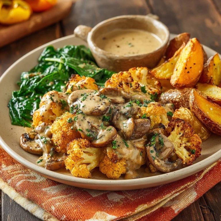 Knuspriger Blumenkohl mit Pilzrahm, serviert auf einem Teller mit Spinat und knusprigen Ofenkartoffeln, serviert für ein köstliches Mittagessen.