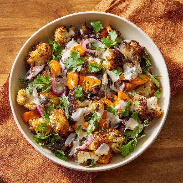 Knuspriger Blumenkohl-Salat mit Karotten von oben, angerichtet in einer Schüssel mit frischen Kräutern und cremigen Dressing.