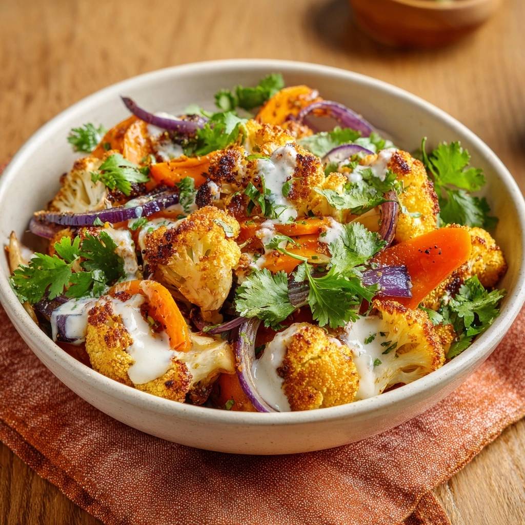 Knuspriger Blumenkohl Salat Mit Karotten Serviert 1 Knuspriger Blumenkohl-Salat mit Karotten und Kräuter-Dressing, serviert in einer Schüssel, garniert mit frischen Kräutern und einem cremigen Dressing.