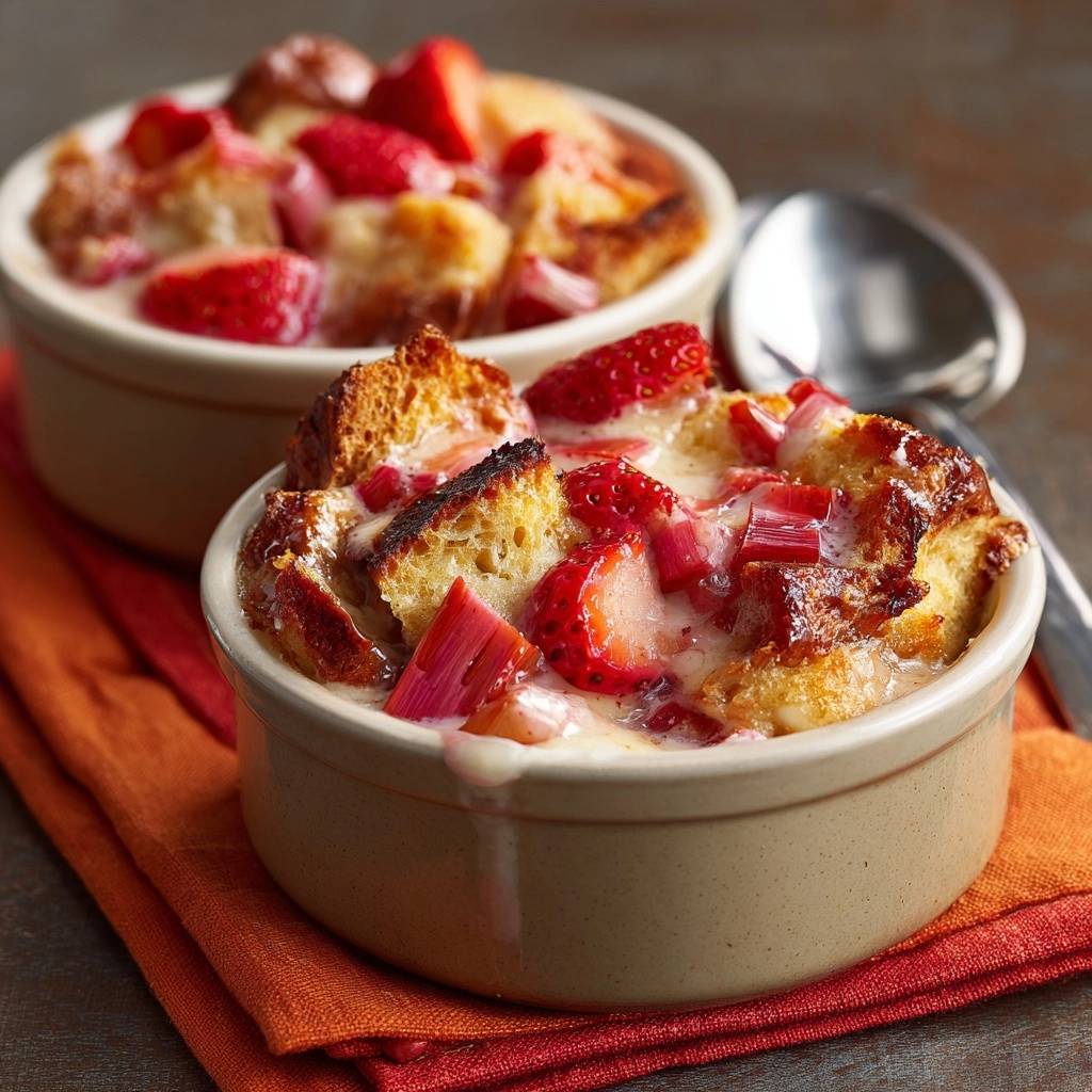 Knuspriger Erdbeer Brotpudding Serviert 1 Knuspriger Erdbeer-Brotpudding serviert in zwei kleinen Auflaufformen, garniert mit frischen Erdbeeren und Rhabarber.