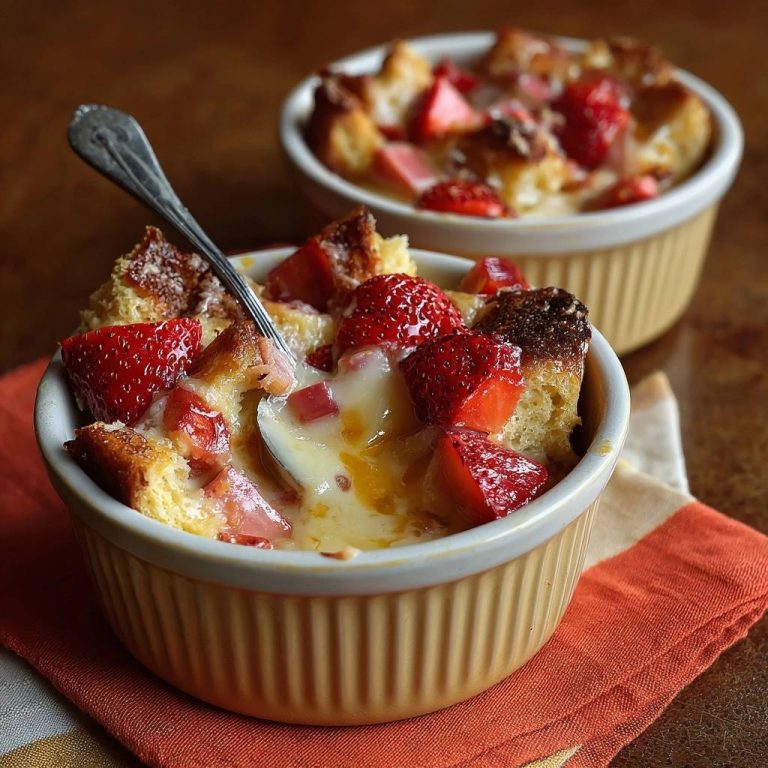 Knuspriger Erdbeer-Brotpudding serviert in zwei kleinen Schüsseln, mit frischen Erdbeeren und einer cremigen Sauce bedeckt.
