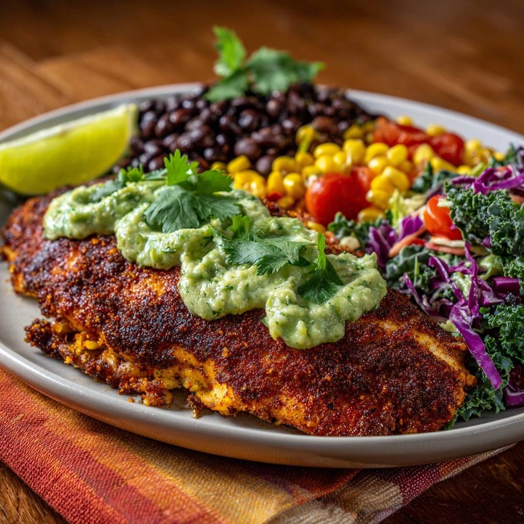 Knuspriger Gebratener Fisch Bowl Serviert 1 Knuspriger gebratener Fisch-Bowl serviert mit Avocado-Creme, schwarzen Bohnen, Mais und einem frischen Salat auf einem Teller.