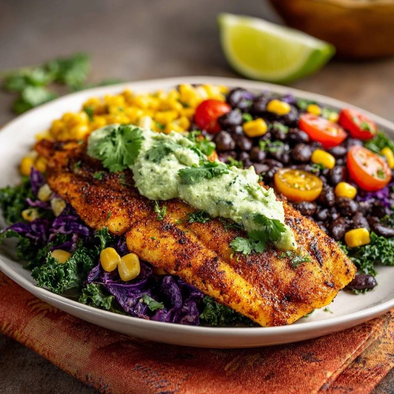 Knuspriger Gebratener Fisch-Bowl serviert mit frischen Zutaten, darunter Mais, Tomaten und eine cremige Avocado-Sauce. Ein köstliches und gesundes Gericht.