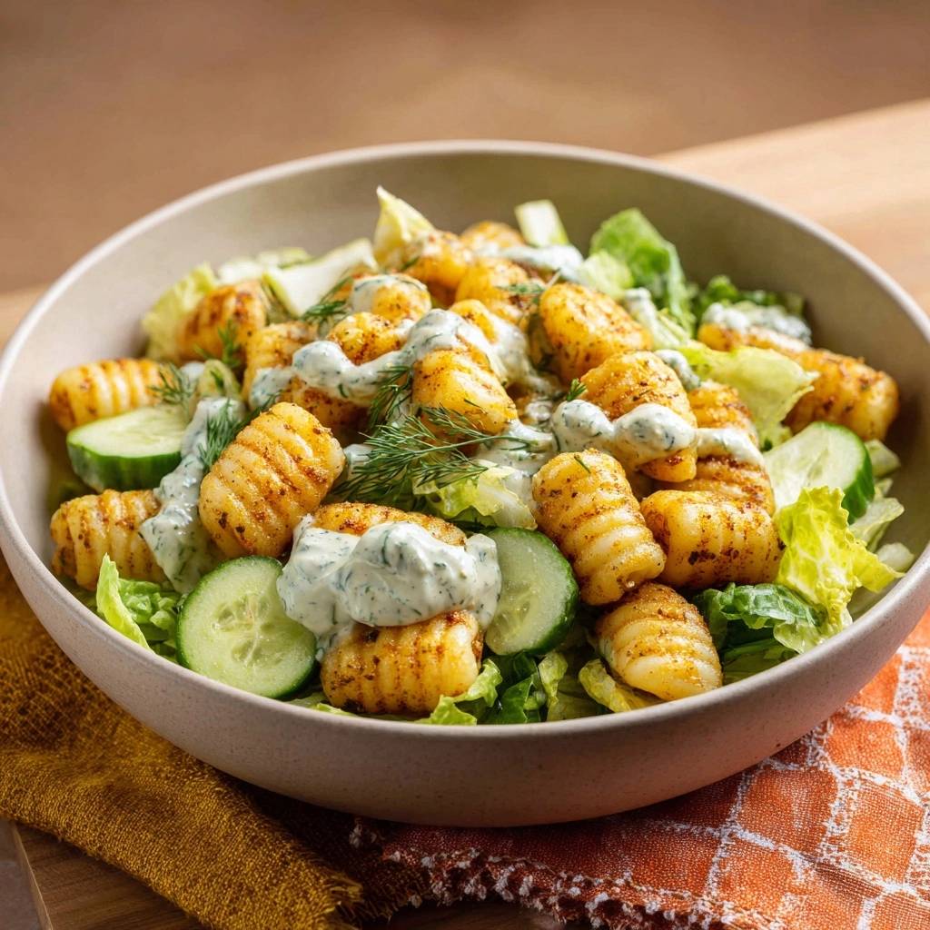 Knuspriger Gnocchi Gurken Salat Draufsicht 1 Knuspriger Gnocchi-Gurken-Salat in einer Schüssel, serviert mit Gurkenscheiben und cremigem Dressing, von oben fotografiert.