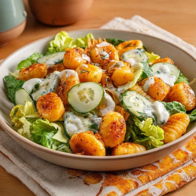 Knuspriger Gnocchi-Gurken-Salat, serviert in einer Schüssel, mit knusprigen Gnocchi und frischen Gurkenscheiben draufsicht.