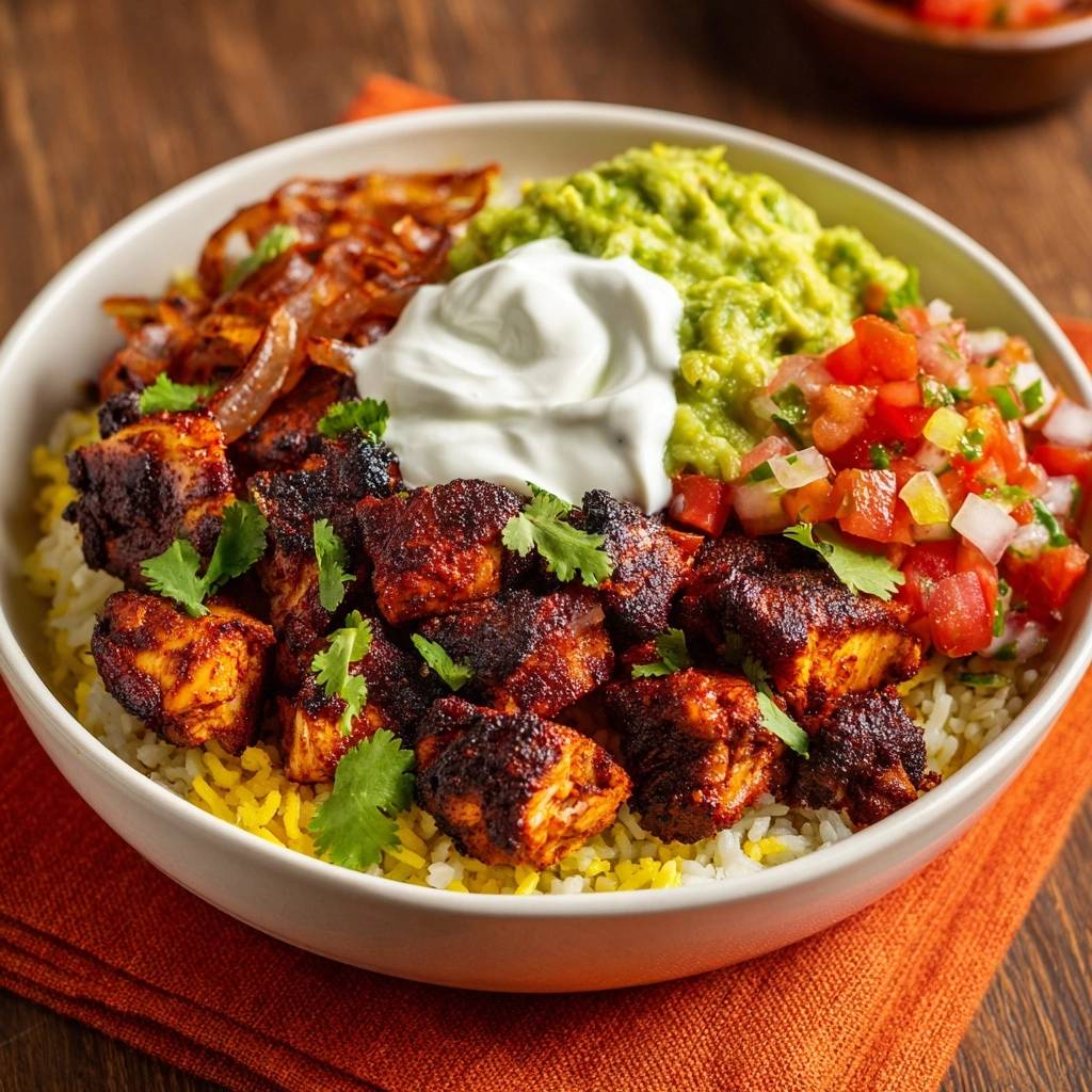 Knuspriger Hhnchen Burrito Bowl Draufsicht Serviert 1 Knuspriger Hähnchen-Burrito-Bowl, serviert in einer Schüssel, mit knusprigem Hähnchen, Guacamole, Salsa und Sauerrahm garniert.