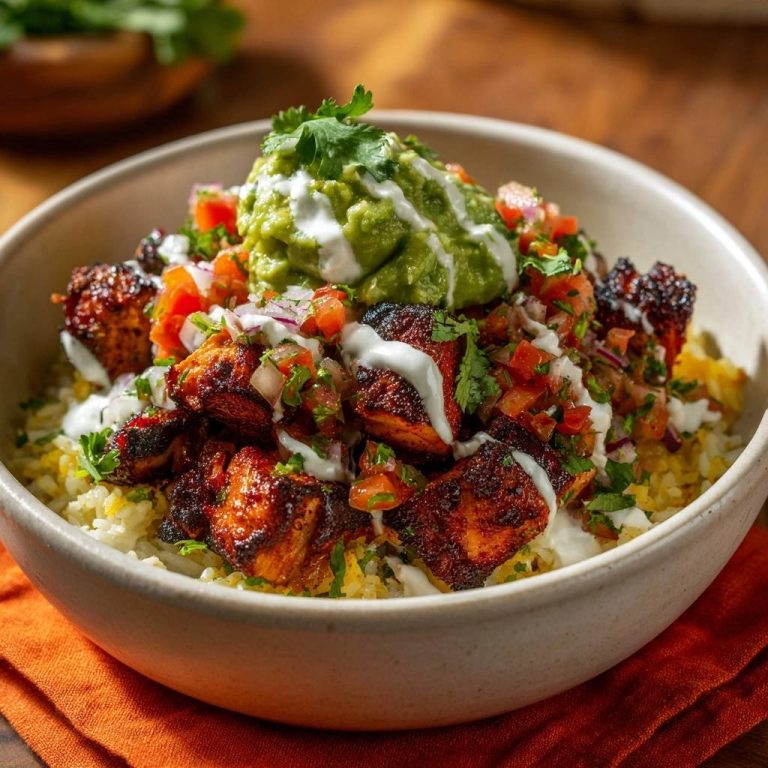 Knuspriger Hähnchen-Burrito-Bowl serviert in einer Schüssel mit Guacamole, Salsa und cremigem Dressing, garniert mit frischem Koriander.