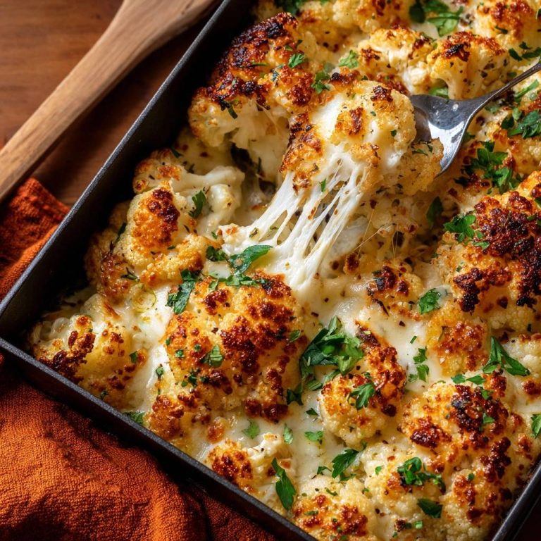 Knuspriger Käse-Blumenkohl-Auflauf mit geschmolzenem Käse, der sich beim Herausheben von einer Gabel zieht, serviert. Ein köstliches Low Carb Gericht.