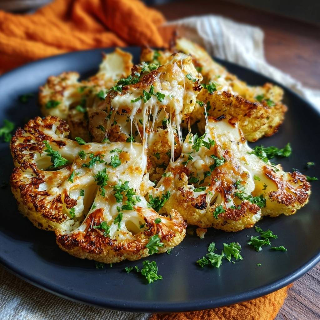 Knuspriger Kase Blutenkohl Nahaufnahme Mit Kasefaden 1 Knuspriger Käse-Blütenkohl in Nahaufnahme mit geschmolzenem Käse, der sich über die Röschen zieht und mit frischer Petersilie garniert ist.