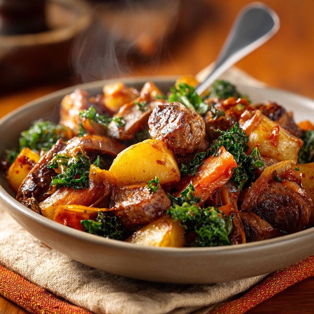 Knuspriger Rindfleisch Kartoffel Hash Nahaufnahme 1 Knuspriger Rindfleisch-Kartoffel-Hash in einer Schüssel aus nächster Nähe. Die dampfende Mahlzeit zeigt Kartoffeln, Rindfleisch und Grünkohl.