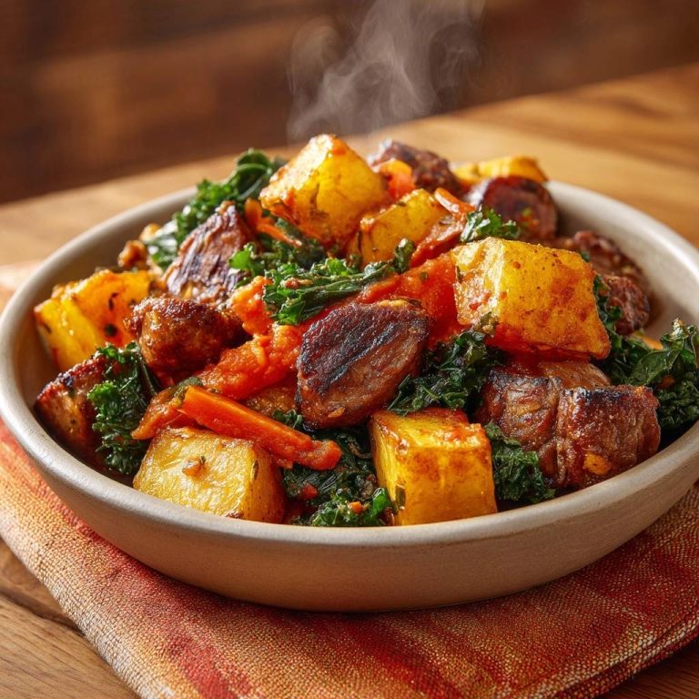 Knuspriger Rindfleisch-Kartoffel-Hash in einer Nahaufnahme, der dampfend serviert wird, mit gebratenem Fleisch und Gemüse.