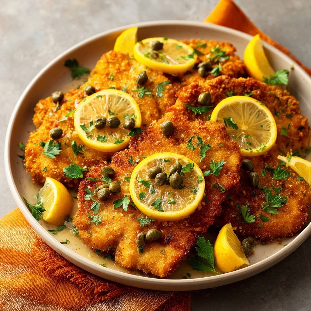 Knuspriges Hahnchenschnitzel Mit Zitrone Kapern Draufsicht 1 Knuspriges Hähnchenschnitzel mit Zitrone & Kapern, serviert auf einem Teller von oben, garniert mit Zitronenscheiben, Kapern und frischer Petersilie.