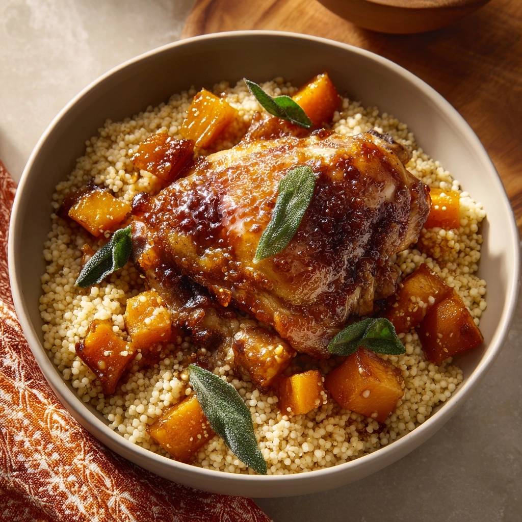 Knuspriges Huhnchen Mit Kurbis Couscous Draufsicht 1 Knuspriges Hähnchen mit Kürbis-Couscous in einer Schüssel serviert, garniert mit Salbei und einer köstlichen Glasur.
